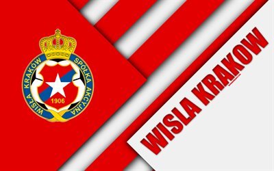 Wisla Krakow FC, 4k, logo, material design, Polish football club, red white abstraction, Krakow, Poland, Ekstraklasa, football