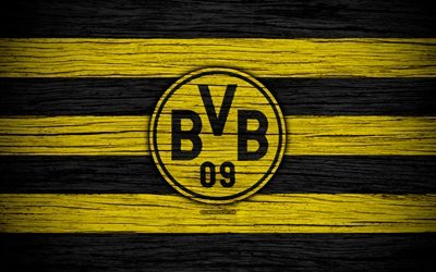 Borussia Dortmund, 4k, Bundesliga, BVB, logo, Germany, wooden texture, FC Borussia Dortmund, soccer, football, Borussia Dortmund FC