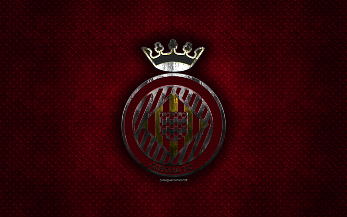 Girona FC, Spanish football club, red metal texture, metal logo, emblem, Girona, Spain, La Liga, creative art, football