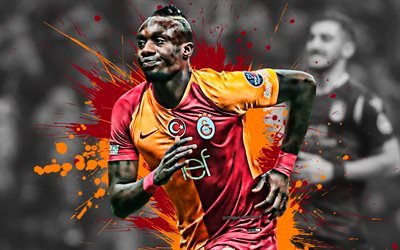 Mbaye Diagne, 4k, Senegalese football player, Galatasaray, Striker, red-orange paint splashes, creative art, Turkey, football, grunge
