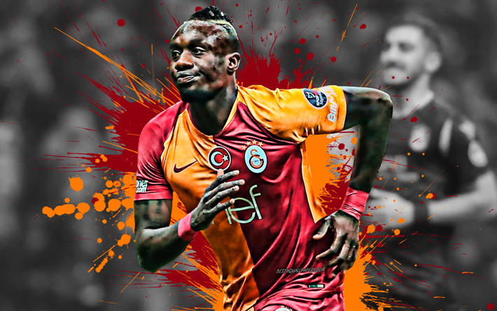 Mbaye Diagne, 4k, les S&#233;n&#233;galais joueur de football de Galatasaray, l&#39;Attaquant, rouge-orange &#233;claboussures de peinture, art cr&#233;atif, la Turquie, le football, le grunge