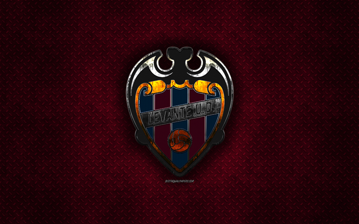 Levante UD, Spanish football club, burgundy metal texture, metal logo, emblem, Valencia, Spain, La Liga, creative art, football