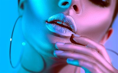 luxury makeup, woman face, blue neon light, purple neon light, paint