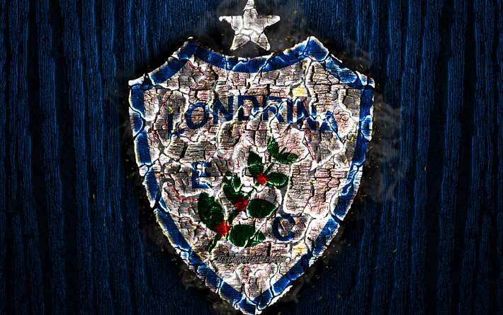Londrina FC, scorched logo, Serie B, blue wooden background, brazilian football club, Londrina EC, grunge, football, soccer, Londrina logo, fire texture, Brazil
