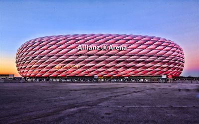 Bayern M&#252;nih Stadyumu, 4k, pembe aydınlatma, Allianz Arena, HDR, futbol, futbol stadyumu, Bayern M&#252;nih arena, Almanya, Alman stadyumlar