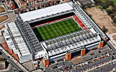 Anfield Stadium, Liverpool FC, Engelska football stadium, uppifr&#229;n, Liverpool, England, Anfield, fotboll