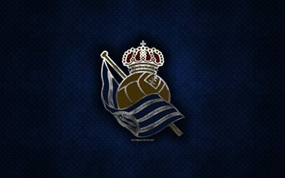 Royal Society, Spansk fotbollsklubb, bl&#229; metall textur, metall-logotyp, emblem, San Sebastian, Spanien, Ligan, kreativ konst, fotboll