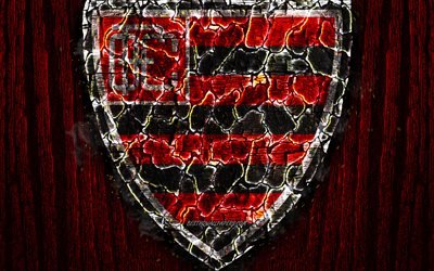 Oeste FC, scorched logo, Serie B, red wooden background, brazilian football club, Oeste, grunge, football, soccer, Oeste logo, fire texture, Brazil