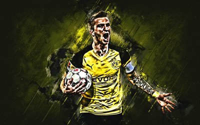Marco Reus, Borussia Dortmund, striker, joy, yellow stone, BVB, famous footballers, football, German footballers, grunge, BundesLiga, Germany