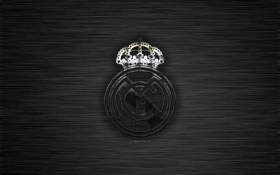 O Real Madrid CF, Clube de futebol espanhol, de black metal, textura, logotipo do metal, emblema, Real Madrid, Espanha, A Liga, arte criativa, futebol