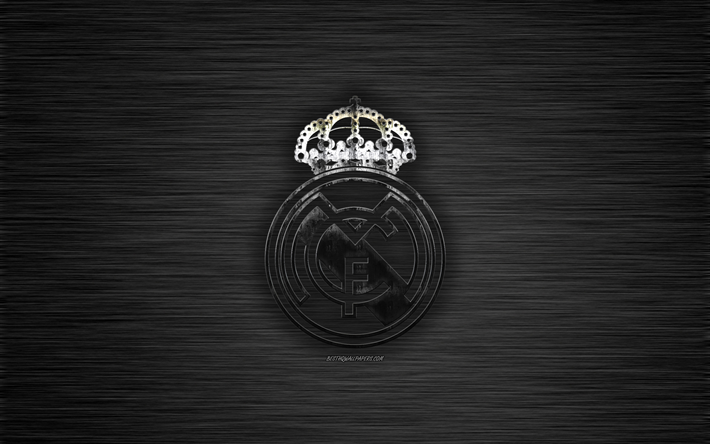 Real Madrid CF, İspanyol Futbol Kul&#252;b&#252;, siyah metal doku, metal logo, amblem, Madrid, İspanya, UEFA, yaratıcı sanat, futbol