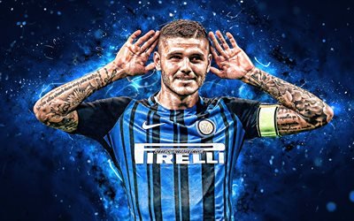 Mauro İcardi, 4k, Internazionale FC, gol, futbol yıldızları, Arjantinli futbolcular, 4k İcardi, mavi arka plan, Serisi, İcardi, futbol, İtalya, neon ışıkları, Inter Milan FC