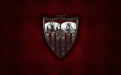 El Sevilla FC, club de f&#250;tbol espa&#241;ol, de metal rojo de textura de metal, logotipo, emblema, Sevilla, Espa&#241;a, La Liga, creativo, arte, f&#250;tbol