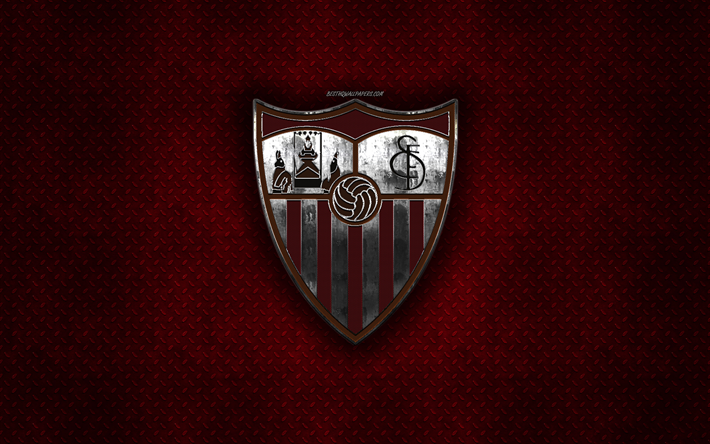 Sevilla FC, club de football espagnol, rouge m&#233;tal, texture, en m&#233;tal, logo, embl&#232;me, S&#233;ville, Espagne, Liga, art cr&#233;atif, football