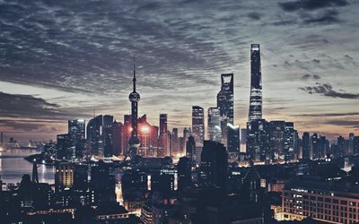 4k, Xangai, a noite da cidade, Rio Huangpu, paisagens de cidade, arranha-c&#233;us, Torre de TV, China, &#193;sia