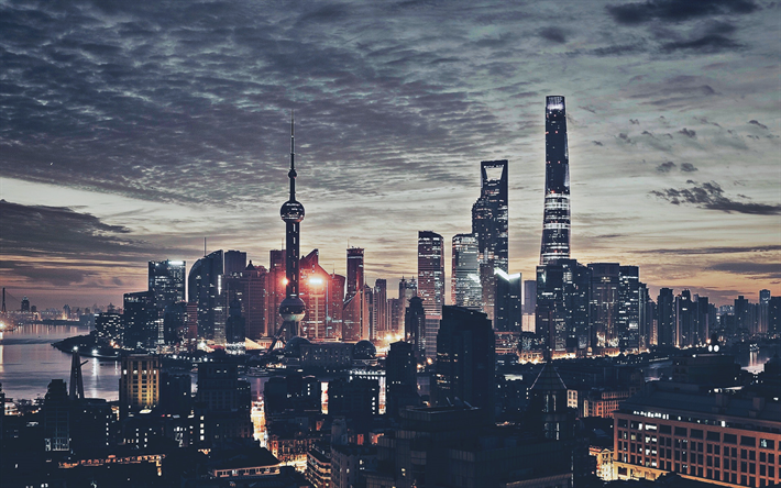 4k, Shanghai, akşam şehir, Huangpu Nehri, şehir, g&#246;kdelenler, TV Kulesi, &#199;in, Asya