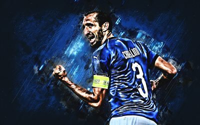Giorgio Chiellini, Italy national football team, defender, 3 number, joy, blue stone, famous footballers, football, Italian footballers, grunge, Italy, Chiellini