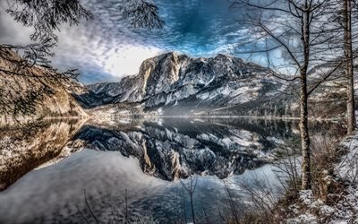 Lago di Altaussee, inverno, montagna, natura, Altausseer Vedere, di Altaussee, Austria, Europa