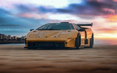 Lamborghini Diablo GTR, supercarros, 1995 carros, desportivos, amarelo Diablo, 1995 Lamborghini Diablo, carros italianos, Lamborghini