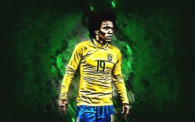 Willian, Brazil national football team, midfielder, joy, green stone, famous footballers, football, Brazilian footballers, grunge, Brazil, Willian Borges da Silva
