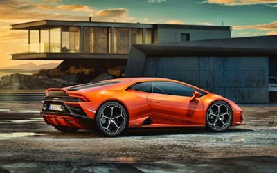 Lamborghini Huracan EVO, 4k, supercarros, 2019 carros, ajuste, vista posterior, 2019 Lamborghini Huracan, carros italianos, laranja Huracan, Lamborghini