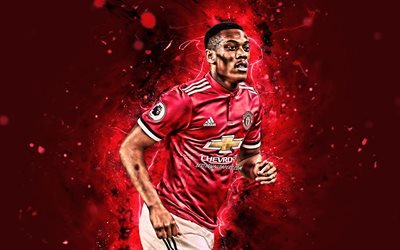 4k, Anthony Martial, close-up, Manchester United FC, french footballers, Premier League, Martial, soccer, England, football, Man United, neon lights