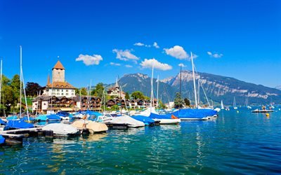 Thun, Thunersee, Lake Thun, swiss city, mountain landscape, spring, boats, Switzerland