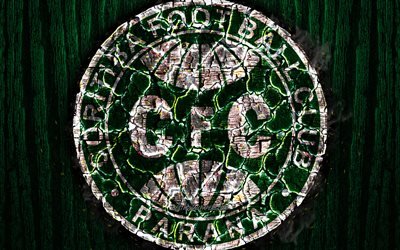 Coritiba FC, logo, Seri B, yeşil ahşap arka plan, Brezilya Futbol Kul&#252;b&#252;, Coritiba FBC, grunge, futbol, Coritiba logosu, ateş yanmış doku, Brezilya