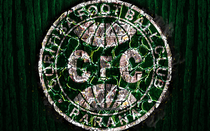 Coritiba FC, scorched logo, Serie B, green wooden background, brazilian football club, Coritiba FBC, grunge, football, soccer, Coritiba logo, fire texture, Brazil