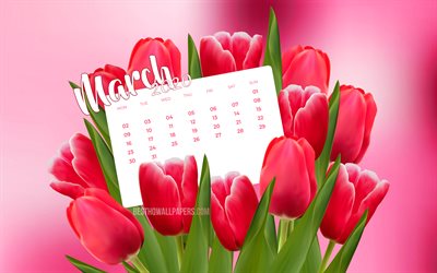 Mars 2020 Kalender, rosa tulpaner, 2020 kalender, 4k, v&#229;ren kalendrar, Mars 2020, kreativa, rosa bakgrund, Mars 2020 kalender med tulpaner, Kalender Mars 2020, 2020 kalendrar