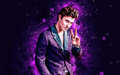 Shawn Mendes, 4k, violetti neon valot, kanadalainen laulaja, musiikin t&#228;hdet, Shawn Peter Raul Mendes, fan art, Shawn Mendes 4K