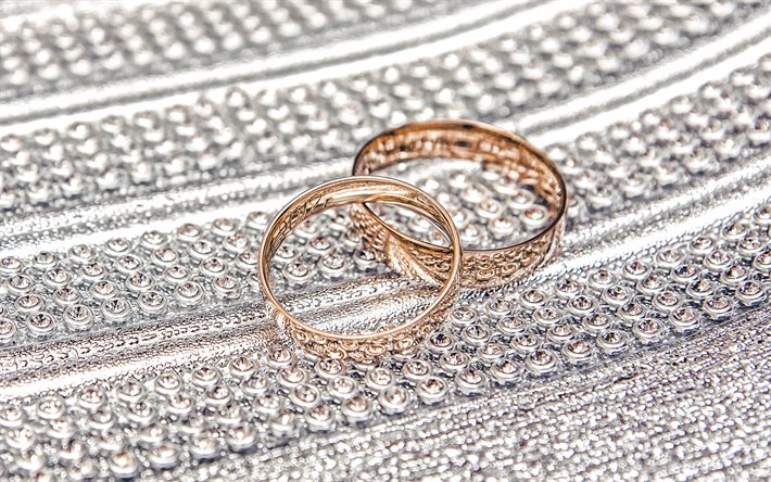 Anelli di Nozze d&#39;oro, anelli di fidanzamento, concetti di nozze, sfondo con gemme, un paio di anelli di nozze, concetti