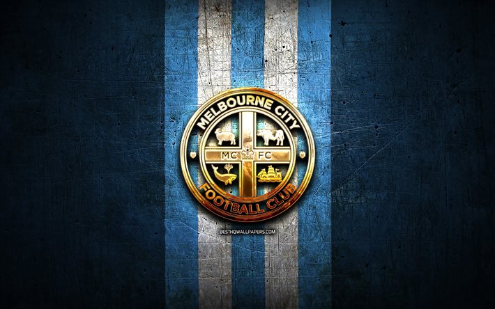 Melbourne City FC, golden logo, A-League, blue metal background, football, Melbourne City, Australian football club, Melbourne City logo, soccer, Australia