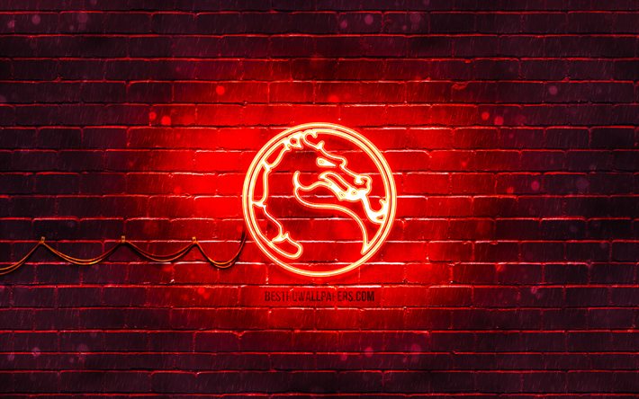 Mortal Kombat logo rosso, 4k, rosso, brickwall, Mortal Kombat logo, giochi del 2020, Mortal Kombat neon logo, Mortal Kombat