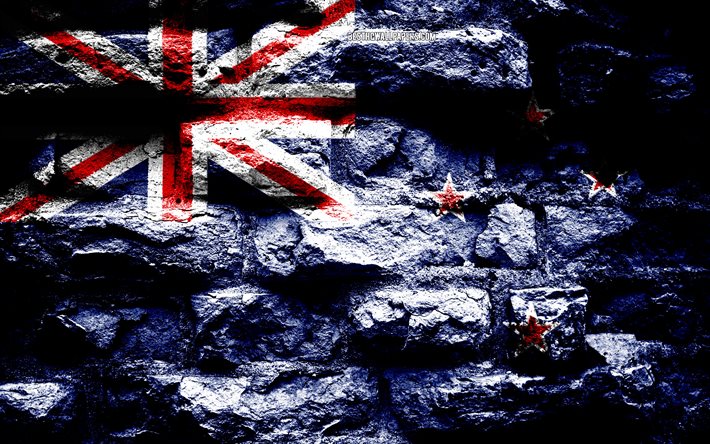 New Zealand flag, grunge brick texture, Flag of New Zealand, flag on brick wall, New Zealand, flags of Oceania countries