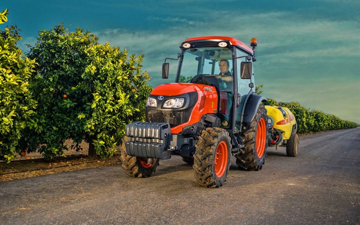 Kubota M5101N, giardino impollinazione, 2020 trattori, macchine agricole, trattore arancione, HDR, raccolto, agricoltura, Kubota