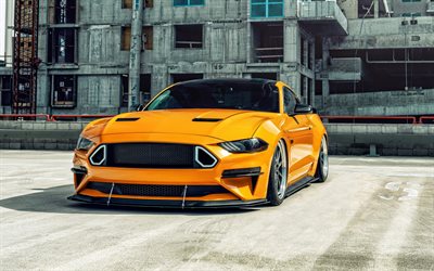 Ford Mustang GT, 2020, 4k, jaune coup&#233; sport, tuning Mustang, la nouvelle Mustang jaune, Am&#233;ricain des voitures de sport, Ford