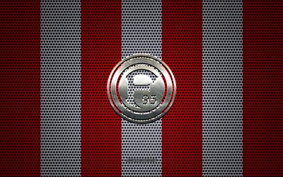 Fortuna Dusseldorf logo, Alman Futbol Kulübü, metal amblem, kırmızı ve beyaz metal kafes arka plan, Fortuna Düsseldorf, Bundesliga, Düsseldorf, Almanya, futbol