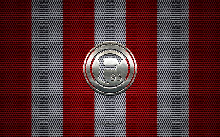 Fortuna Dusseldorf logo, Alman Futbol Kul&#252;b&#252;, metal amblem, kırmızı ve beyaz metal kafes arka plan, Fortuna D&#252;sseldorf, Bundesliga, D&#252;sseldorf, Almanya, futbol