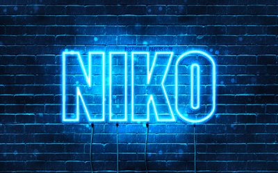 Niko, 4k, taustakuvia nimet, vaakasuuntainen teksti, Niko nimi, blue neon valot, kuva Niko nimi