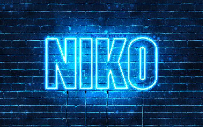 Niko, 4k, sfondi per il desktop con i nomi, il testo orizzontale, Niko nome, neon blu, immagine con nome Niko