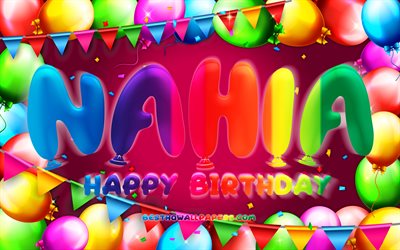 お誕生日おめでNahia, 4k, カラフルバルーンフレーム, Nahia名, 紫色の背景, Nahiaお誕生日おめで, Nahia誕生日, 人気のスペインの女性の名前, 誕生日プ, の