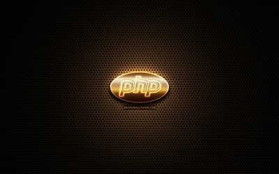 PHP glitter logo, programming language, grid metal background, PHP, creative, programming language signs, PHP logo