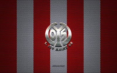 FSV Mainz 05 logo, German football club, metal emblem, red and white metal mesh background, FSV Mainz 05, Bundesliga, Mainz, Germany, football