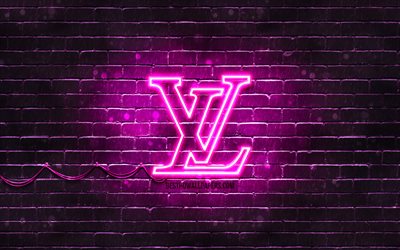 Louis Vuitton mor logo, 4k, mor brickwall, Louis Vuitton logo, marka, Louis Vuitton neon logo, Louis Vuitton