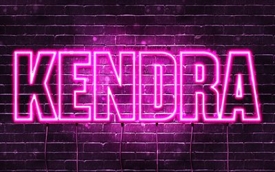 Kendra, 4k, wallpapers with names, female names, Kendra name, purple neon lights, horizontal text, picture with Kendra name