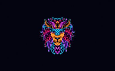 abstract lion, 4k, creative, minimal, abstract animals, lion, blue backgrounds