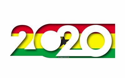 Ghana 2020, Ghanan lippu, valkoinen tausta, Ghana, 3d art, 2020 k&#228;sitteit&#228;, 2020 Uusi Vuosi, 2020 Ghana flag