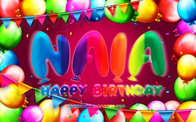 お誕生日おめでNaia, 4k, カラフルバルーンフレーム, Naia名, 紫色の背景, Naiaお誕生日おめで, Naia誕生日, 人気のスペインの女性の名前, 誕生日プ, Naia