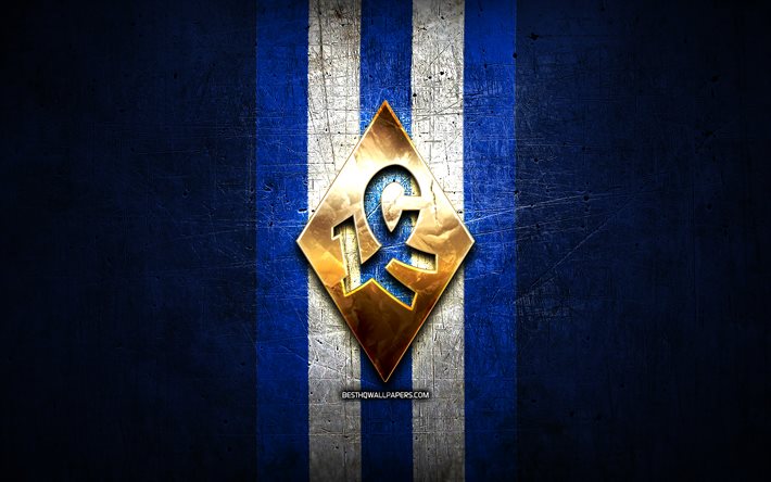 Krylya Sovetov FC, golden logo, Russian Premier League, blue metal background, football, FC Krylya Sovetov, russian football club, Krylya Sovetov logo, soccer, Russia